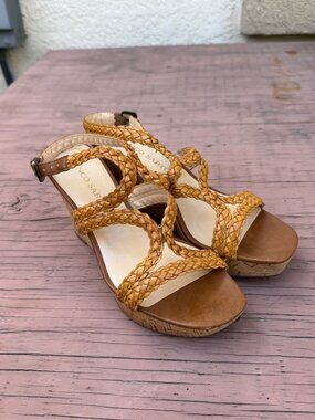 Franco Sarto Galli Wedge Sandals Size 7.5M Brown Braided Cork Open Toe Casual